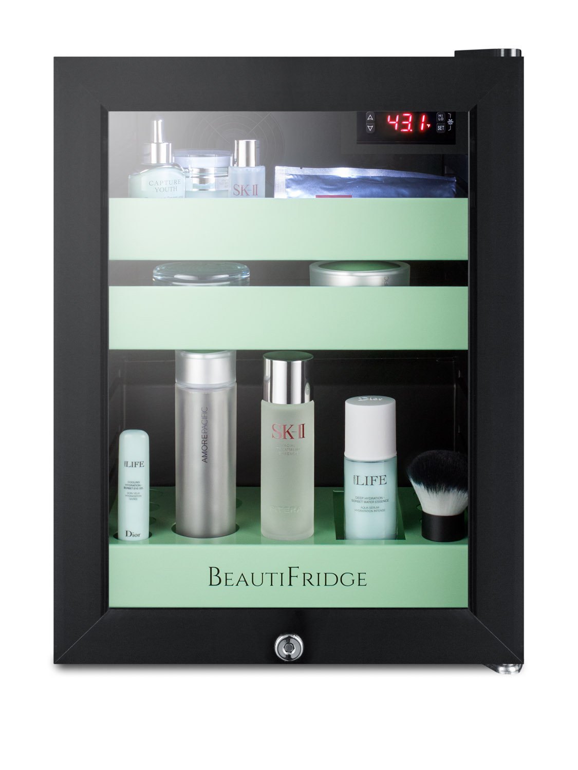 BeautiFridge compact cosmetics cooler with glass door, black cabinet, lock, glossy mint-colored shelves, and digital controls set for the storage of beauty products